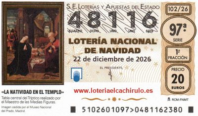 Anverso del d&eacute;cimo 48116 de la Loter&iacute;a de Navidad 2026, de Huelva